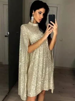 Robe de soirée dorée à sequins et col bijou longueur genou