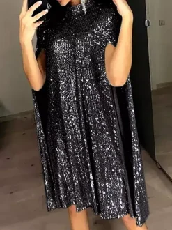Robe de soirée dorée à sequins et col bijou longueur genou