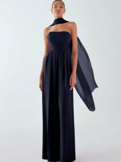 Robe de soirée en mousseline de soie plissée combinaison sans bretelles longueur au sol sans manches fermeture éclair robes de soirée formelles