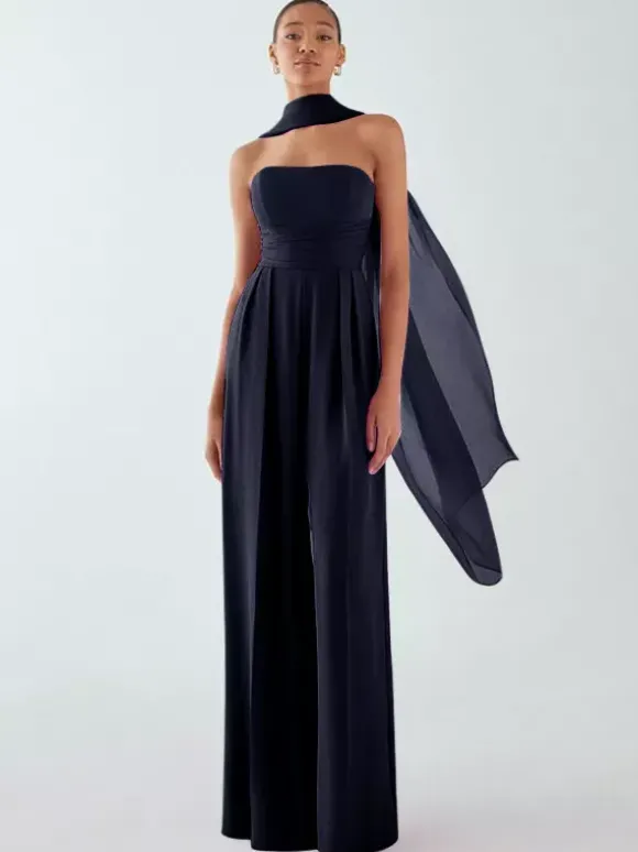 Robe de soirée en mousseline de soie plissée combinaison sans bretelles longueur au sol sans manches fermeture éclair robes de soirée formelles