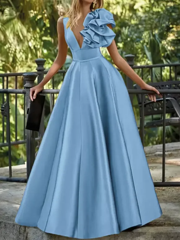 Robe de soirée en satin col en V longueur au sol sans manches fermeture éclair motif floral