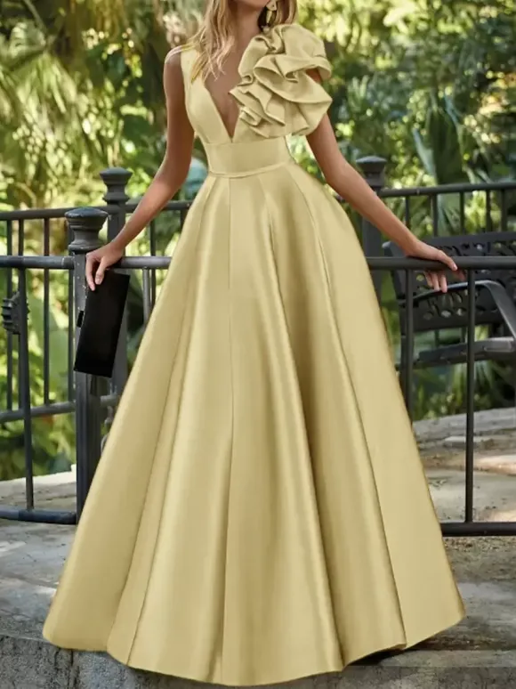 Robe de soirée en satin col en V longueur au sol sans manches fermeture éclair motif floral