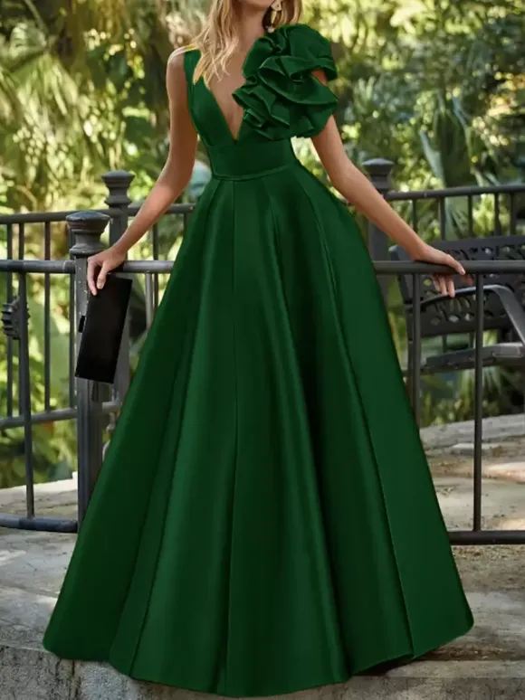Robe de soirée en satin col en V longueur au sol sans manches fermeture éclair motif floral