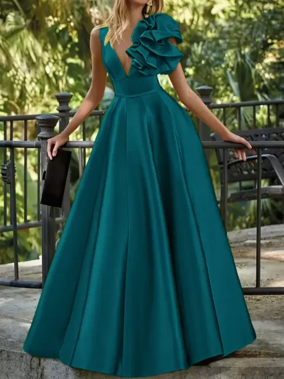 Robe de soirée en satin col en V longueur au sol sans manches fermeture éclair motif floral