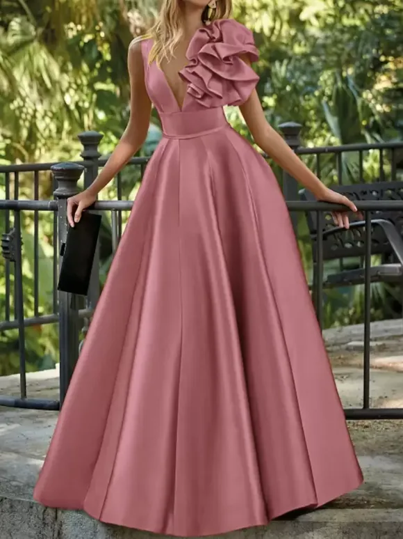 Robe de soirée en satin col en V longueur au sol sans manches fermeture éclair motif floral