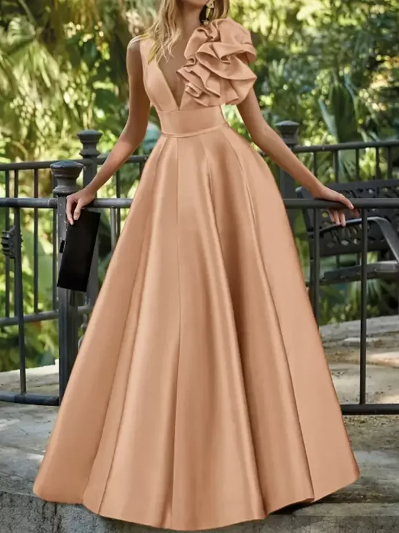 Robe de soirée en satin col en V longueur au sol sans manches fermeture éclair motif floral