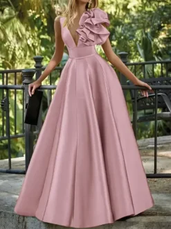 Robe de soirée en satin col en V longueur au sol sans manches fermeture éclair motif floral