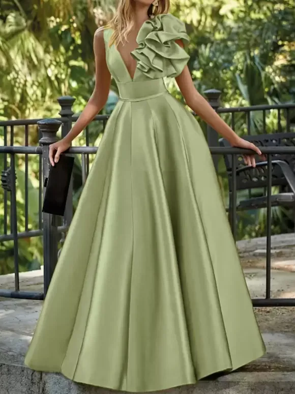 Robe de soirée en satin col en V longueur au sol sans manches fermeture éclair motif floral