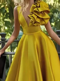 Robe de soirée en satin col en V longueur au sol sans manches fermeture éclair motif floral
