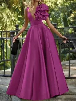 Robe de soirée en satin col en V longueur au sol sans manches fermeture éclair motif floral