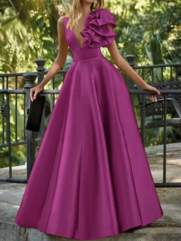 Robe de soirée en satin col en V longueur au sol sans manches fermeture éclair motif floral