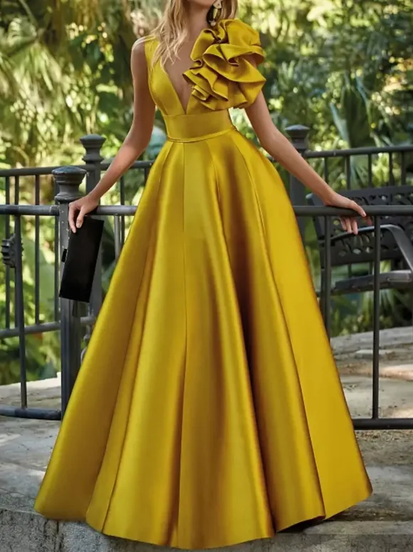 Robe de soirée en satin col en V longueur au sol sans manches fermeture éclair motif floral
