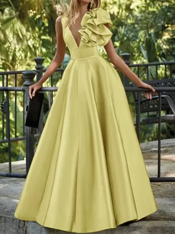 Robe de soirée en satin col en V longueur au sol sans manches fermeture éclair motif floral