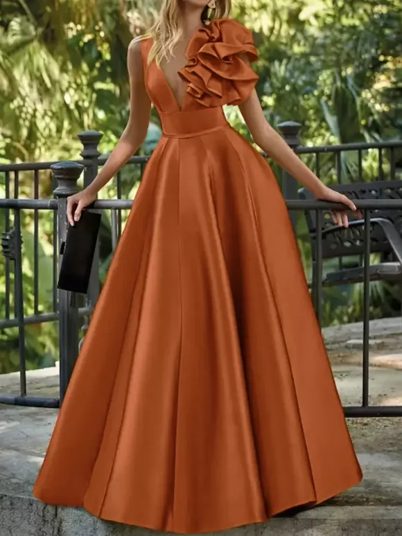 Robe de soirée en satin col en V longueur au sol sans manches fermeture éclair motif floral