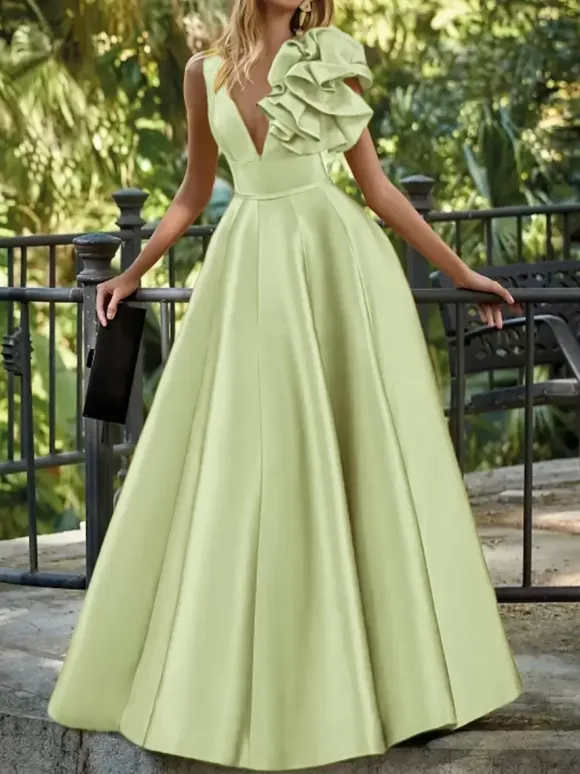 Robe de soirée en satin col en V longueur au sol sans manches fermeture éclair motif floral
