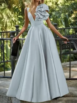 Robe de soirée en satin col en V longueur au sol sans manches fermeture éclair motif floral