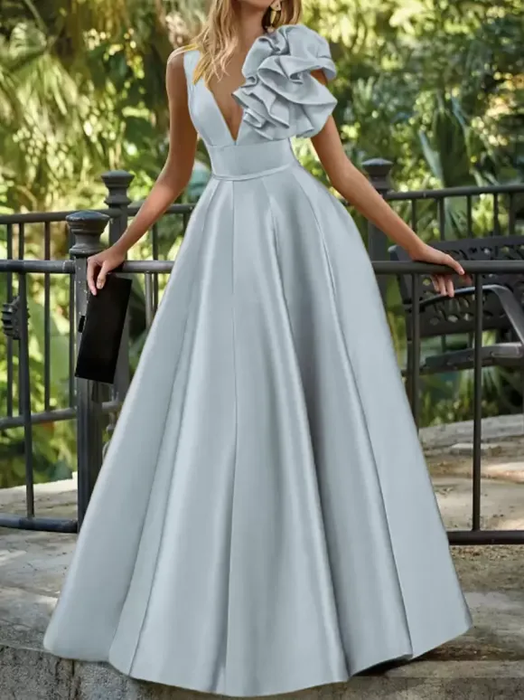 Robe de soirée en satin col en V longueur au sol sans manches fermeture éclair motif floral