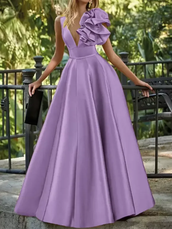 Robe de soirée en satin col en V longueur au sol sans manches fermeture éclair motif floral