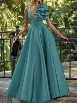 Robe de soirée en satin col en V longueur au sol sans manches fermeture éclair motif floral
