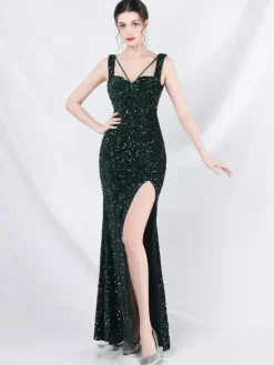 Robe De Soirée Femme Col En C艙ur Fendue À Bretelle À Lacet Paillettes Robe Semi-Formelle