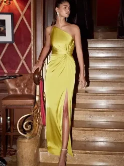 Robe de soirée fourreau asymétrique asymétrique élastique en soie longueur cheville plissée robes de concours sociaux