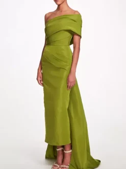 Robe de soirée fourreau asymétrique en taffetas longueur cheville plissée pour soirée sociale