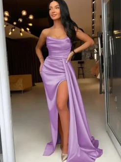 Robe de soirée fourreau en Satin tissé élastique col bateau avec traîne fendue sur le devant robes de soirée formelles