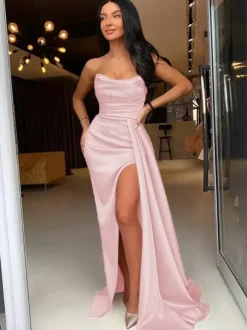 Robe de soirée fourreau en Satin tissé élastique col bateau avec traîne fendue sur le devant robes de soirée formelles