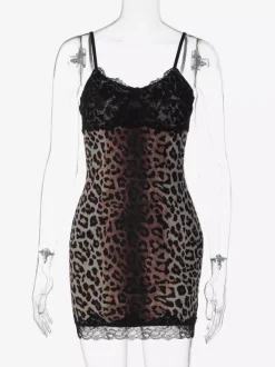Robe de soirée imprimé léopard sauvage nuisette mini moulante à bretelles et bordure en dentelle