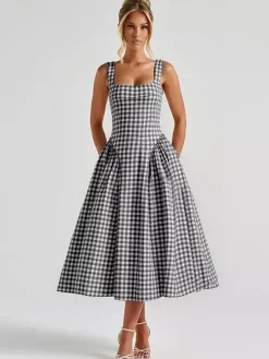 Robe de soirée élégante à carreaux sans manches col carré robe noire midi