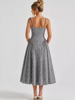 Robe de soirée élégante à carreaux sans manches col carré robe noire midi