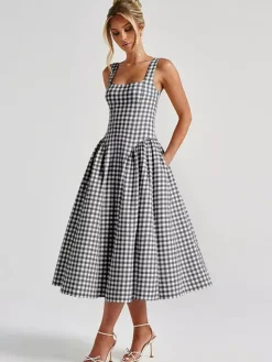 Robe de soirée élégante à carreaux sans manches col carré robe noire midi