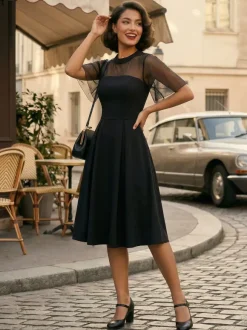 Robe de soirée élégante à manches transparentes et col rond ornée de patchwork en maille collection 2026