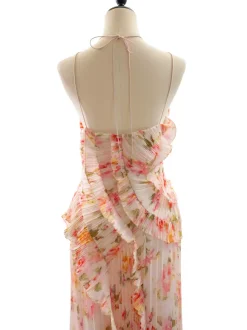 Robe de soirée élégante maxi asymétrique plissée à volants sans manches à imprimé floral et dos nu