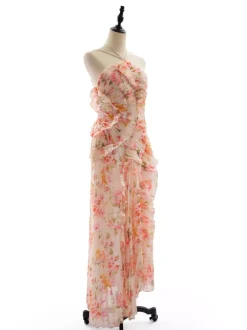 Robe de soirée élégante maxi asymétrique plissée à volants sans manches à imprimé floral et dos nu