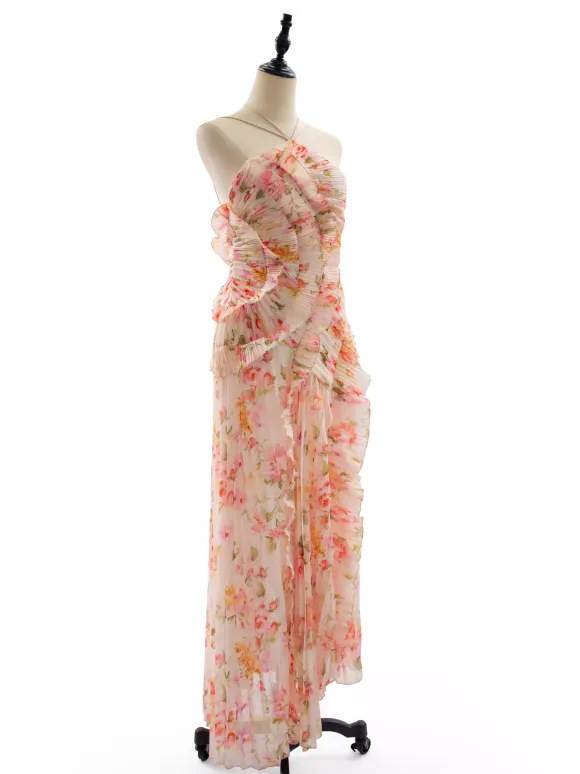 Robe de soirée élégante maxi asymétrique plissée à volants sans manches à imprimé floral et dos nu