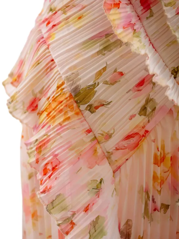 Robe de soirée élégante maxi asymétrique plissée à volants sans manches à imprimé floral et dos nu