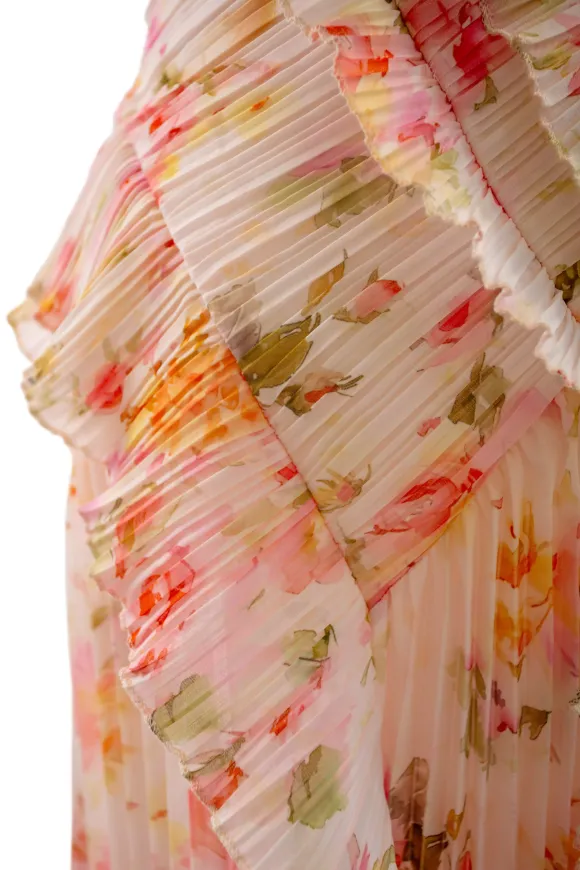 Robe de soirée élégante maxi asymétrique plissée à volants sans manches à imprimé floral et dos nu