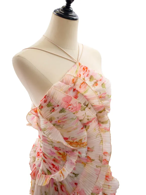 Robe de soirée élégante maxi asymétrique plissée à volants sans manches à imprimé floral et dos nu