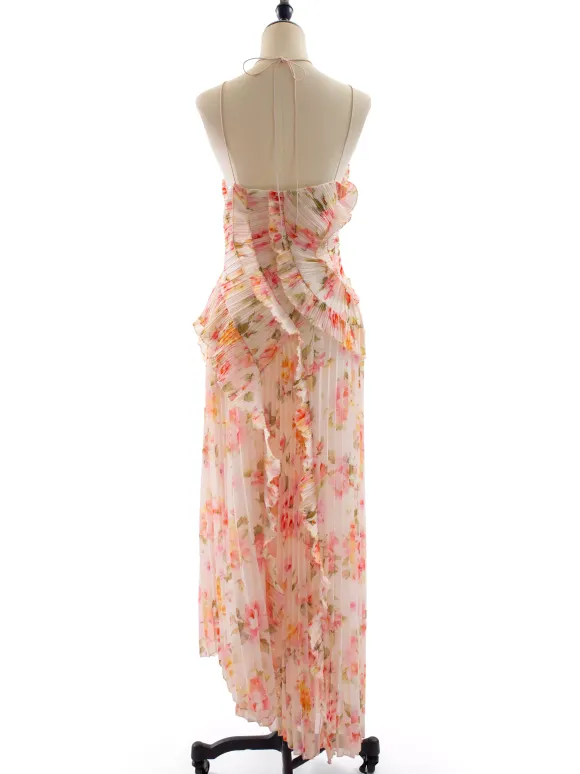 Robe de soirée élégante maxi asymétrique plissée à volants sans manches à imprimé floral et dos nu