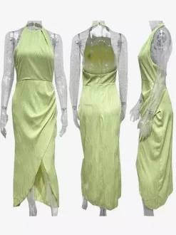 Robe de soirée longue à col licou et fente haute pour femme 2026