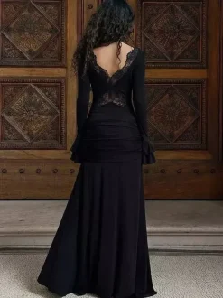 Robe de soirée longue à épaules dénudées bordure en dentelle manches évasées décolleté plongeant robe sirène moulante
