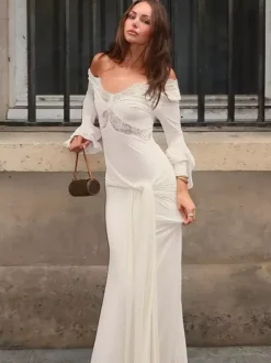 Robe de soirée longue à épaules dénudées bordure en dentelle manches évasées décolleté plongeant robe sirène moulante