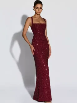 Robe de soirée longue à sequins scintillants pour femme - Col carré coupe ajustée dos lacé robe sirène moulante - Gala d'été 2026