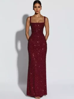 Robe de soirée longue à sequins scintillants pour femme - Col carré coupe ajustée dos lacé robe sirène moulante - Gala d'été 2026