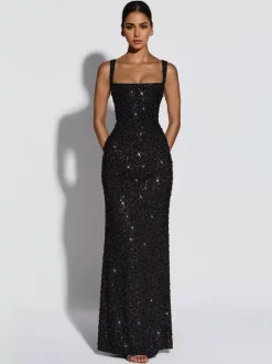 Robe de soirée longue à sequins scintillants pour femme - Col carré coupe ajustée dos lacé robe sirène moulante - Gala d'été 2026