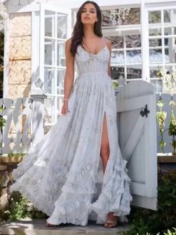 Robe de soirée longue à volants superposés et à bretelles fendues 2026