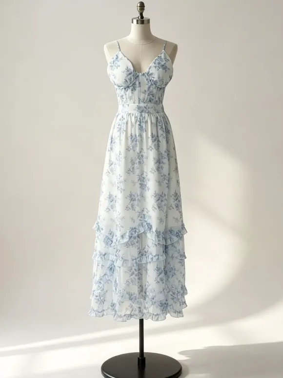 Robe de soirée longue à volants superposés et à bretelles fendues 2026