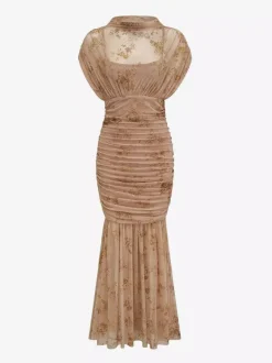 Robe de soirée longue abricot clair col montant plissée manches courtes imprimée