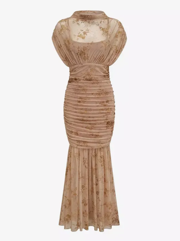 Robe de soirée longue abricot clair col montant plissée manches courtes imprimée